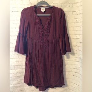 Knox Rose Burgundy Boho Embroidered Long Sleeve Dress - Size XS